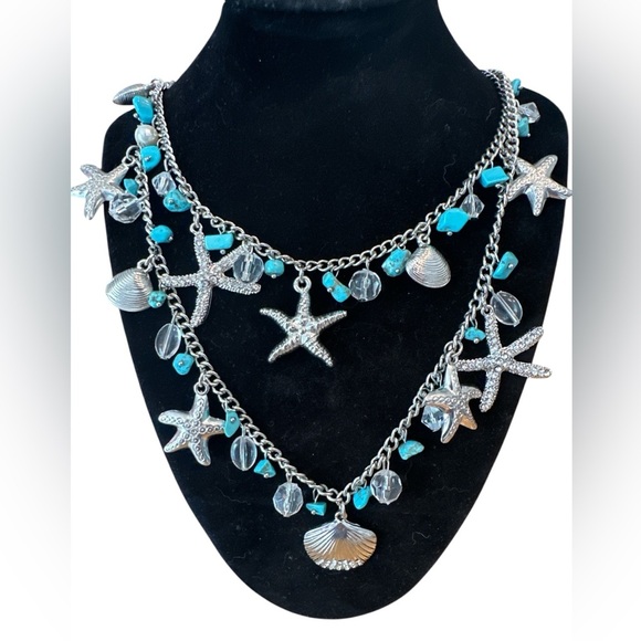Vtg Faux Turquoise Necklace Beaded Gold Starfish Seashell Chunky Statement 21" - Picture 1 of 4